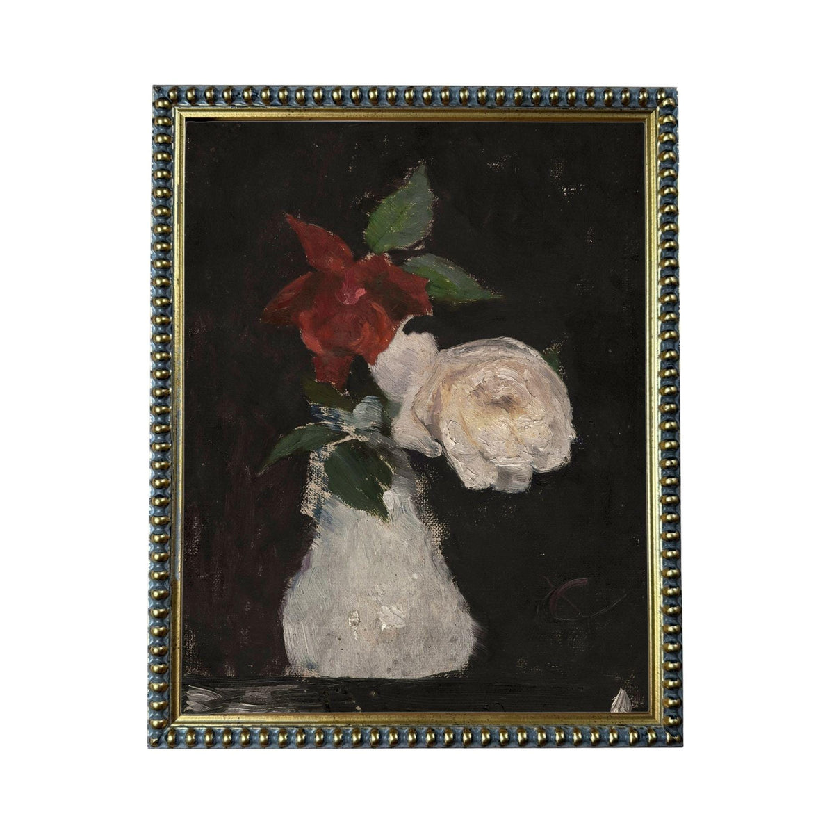 The image is a painting of a vase containing two flowers, one red and one white, against a dark background.