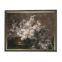 A painting of a vase filled with white flowers, displayed in a gold frame.