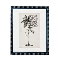 A framed black and white illustration of a tree with a simple, elegant design.