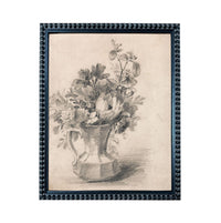 A black and white sketch of a vase filled with flowers, displayed in a black frame.