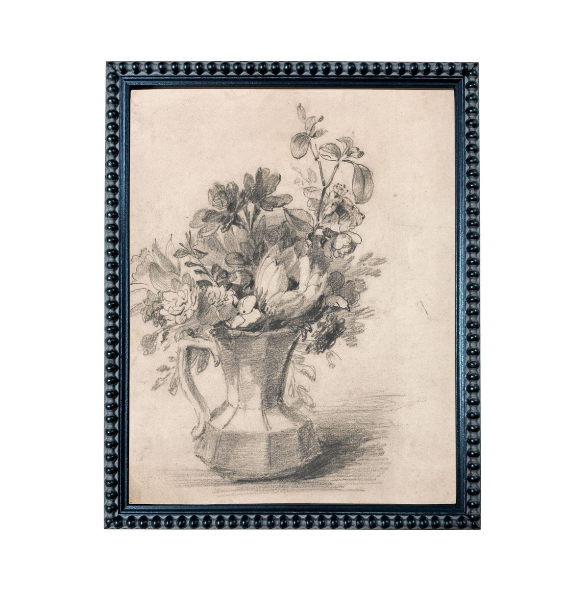 A black and white sketch of a vase filled with flowers, displayed in a black frame.