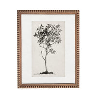a framed black and white illustration of a tree with a textured background.