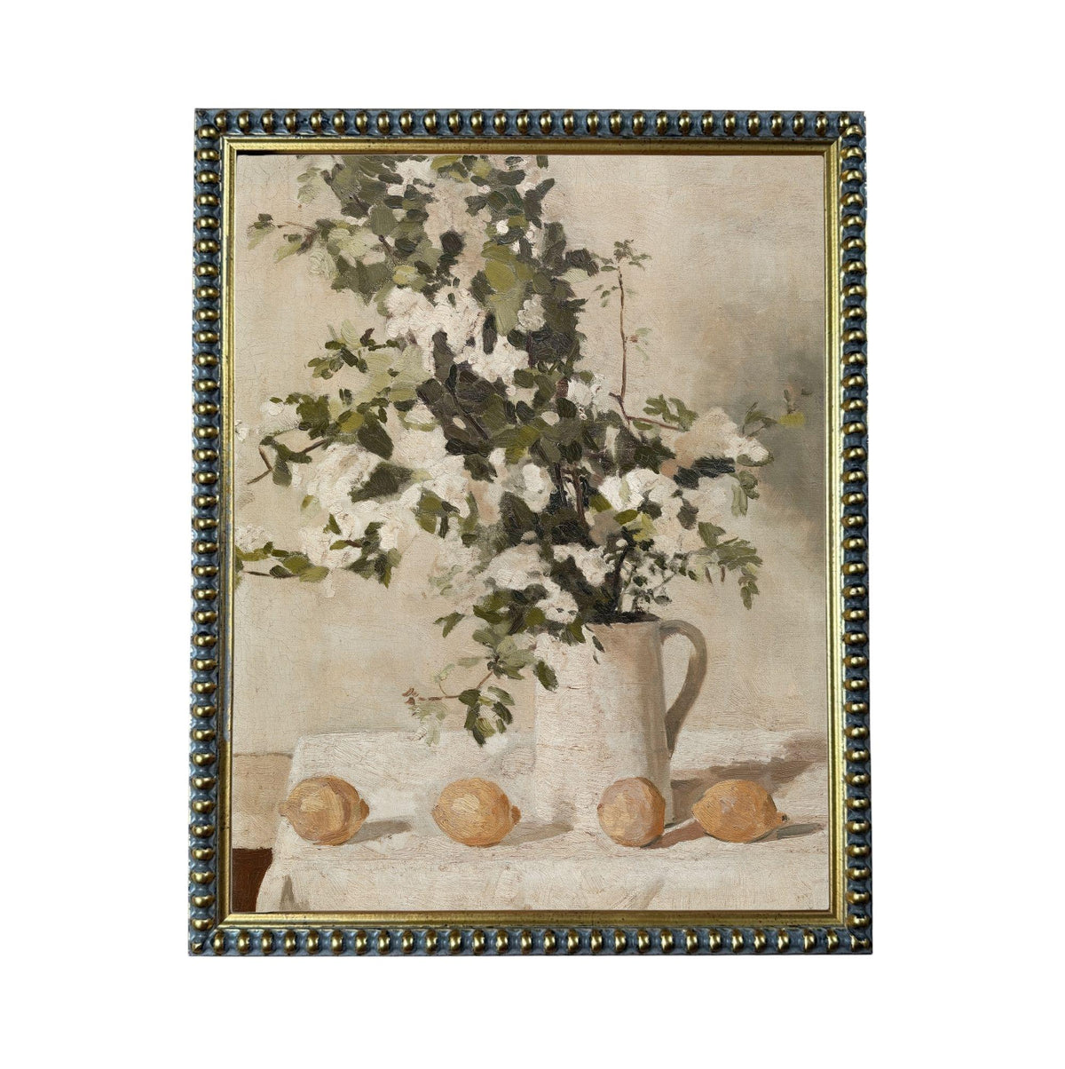 The image is a painting of a vase filled with white flowers and three lemons placed on a table.