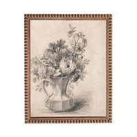 A black and white sketch of a vase filled with flowers, displayed in an ornate frame.