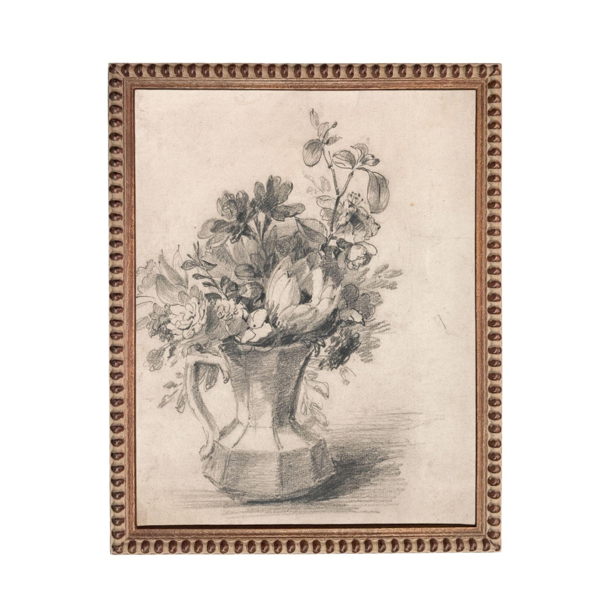 A black and white sketch of a vase filled with flowers, displayed in an ornate frame.