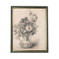 A black and white sketch of a vase filled with flowers, displayed in a decorative frame.