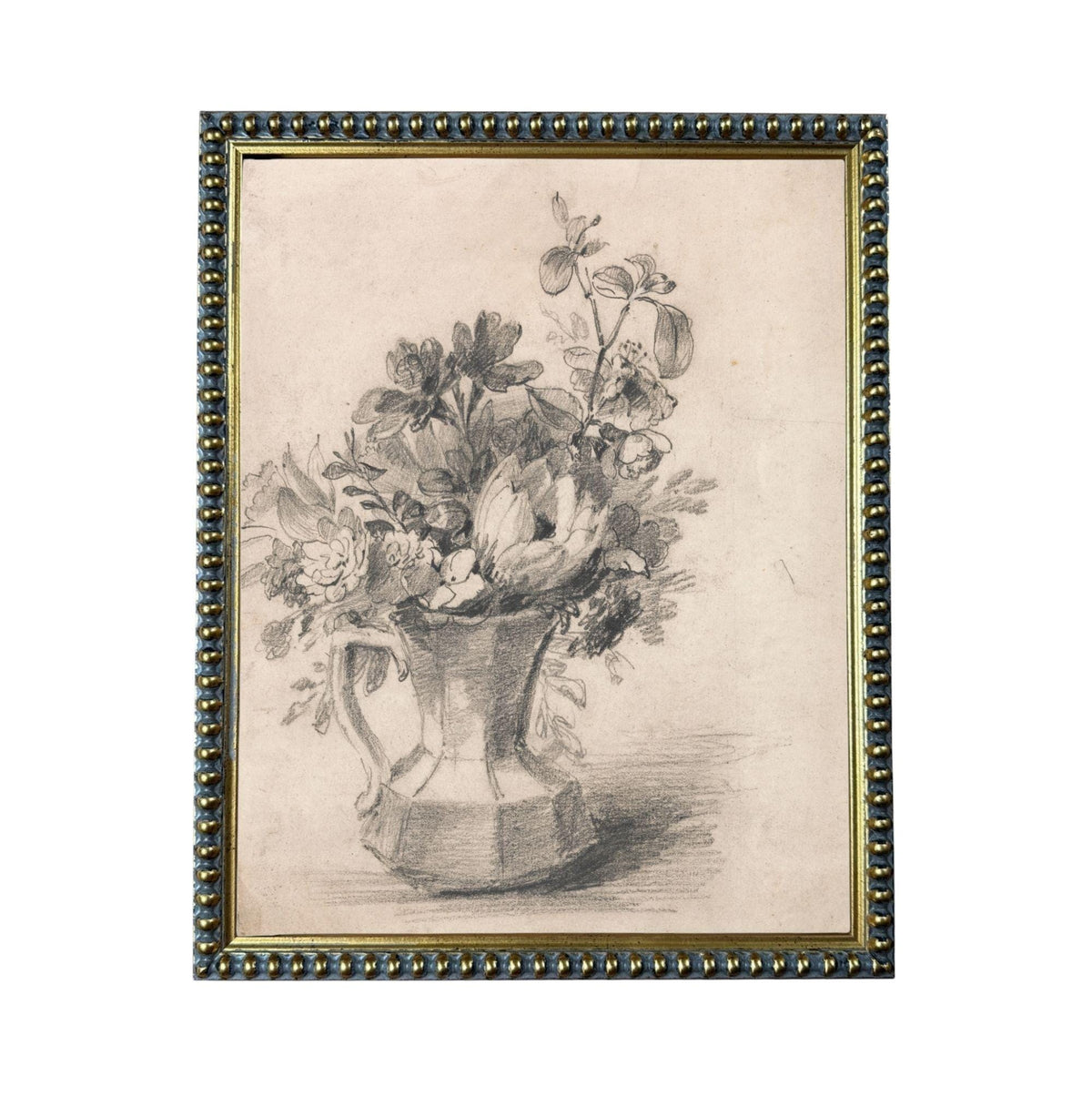 A black and white sketch of a vase filled with flowers, displayed in a decorative frame.