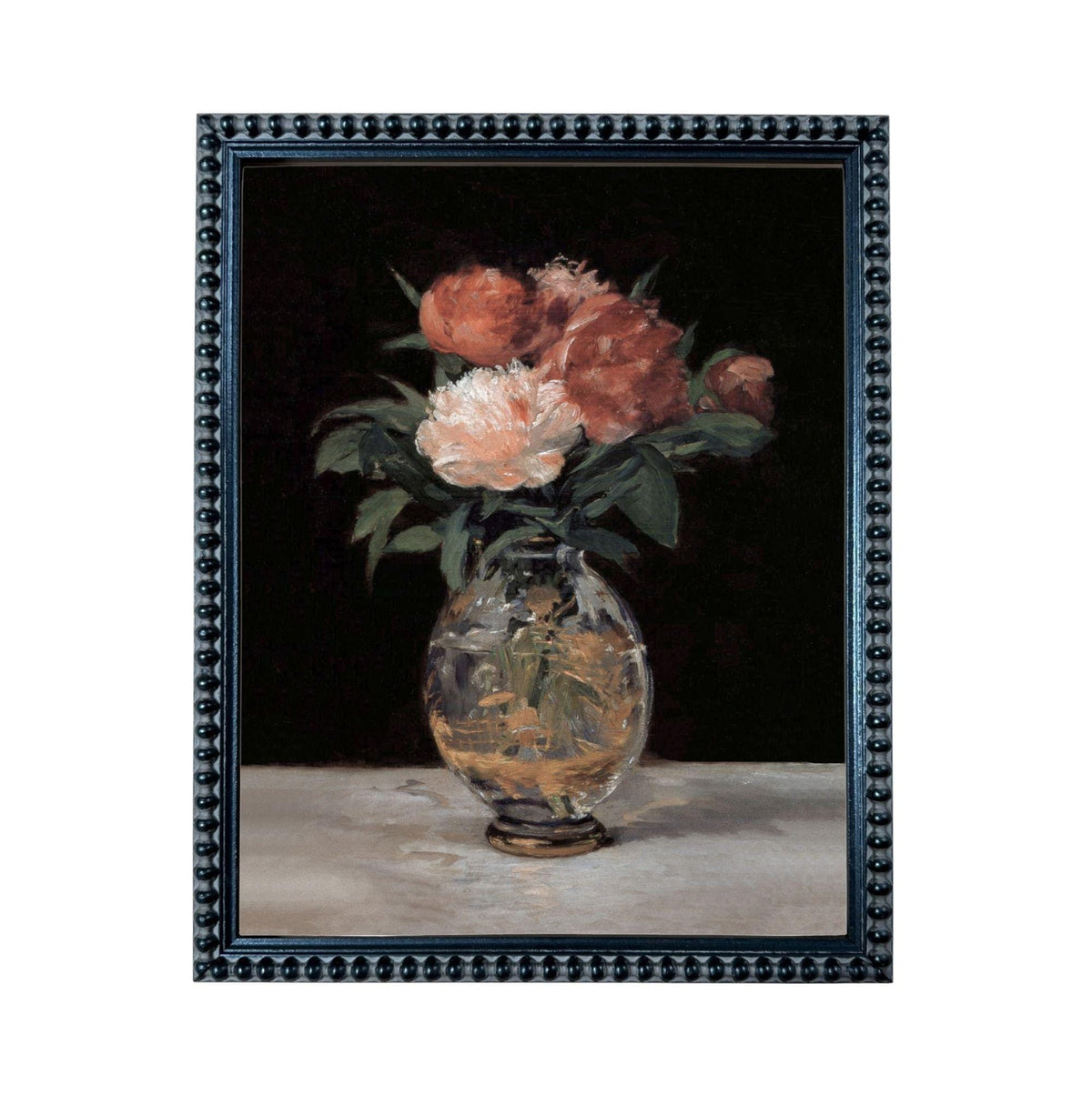 A framed painting depicting a vase filled with pink and white flowers against a dark background.