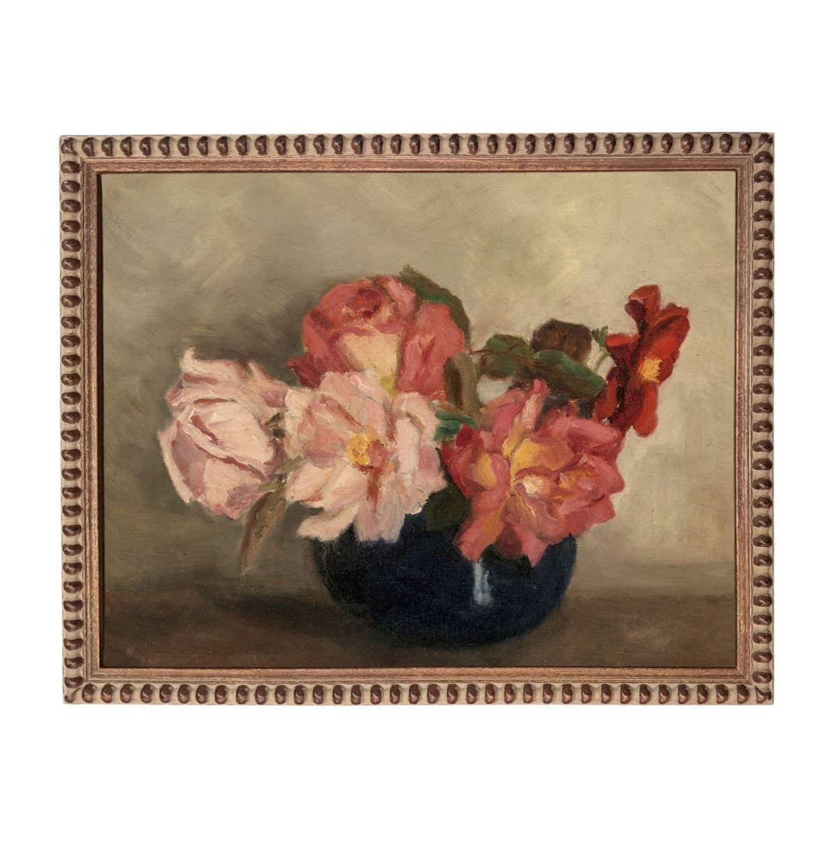 The image is an oil painting depicting a vase filled with pink and red roses.