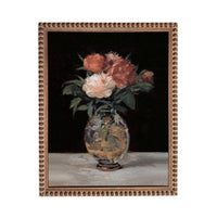 A painting of a vase filled with flowers, including red and white peonies, placed on a table.