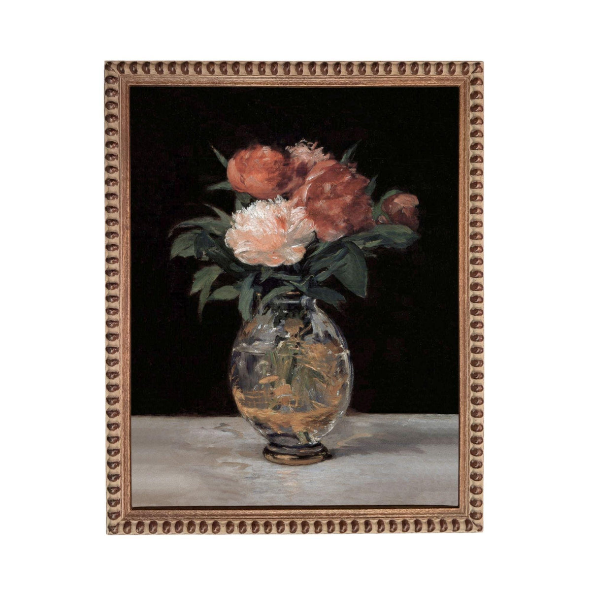 A painting of a vase filled with flowers, including red and white peonies, placed on a table.