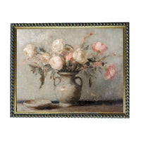 A painting of a vase filled with pink and white flowers, placed on a table.