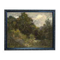 The image is a framed painting depicting a serene landscape with a body of water, trees, and a cloudy sky.