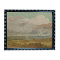 The image is a framed painting depicting a landscape with a cloudy sky in the background.