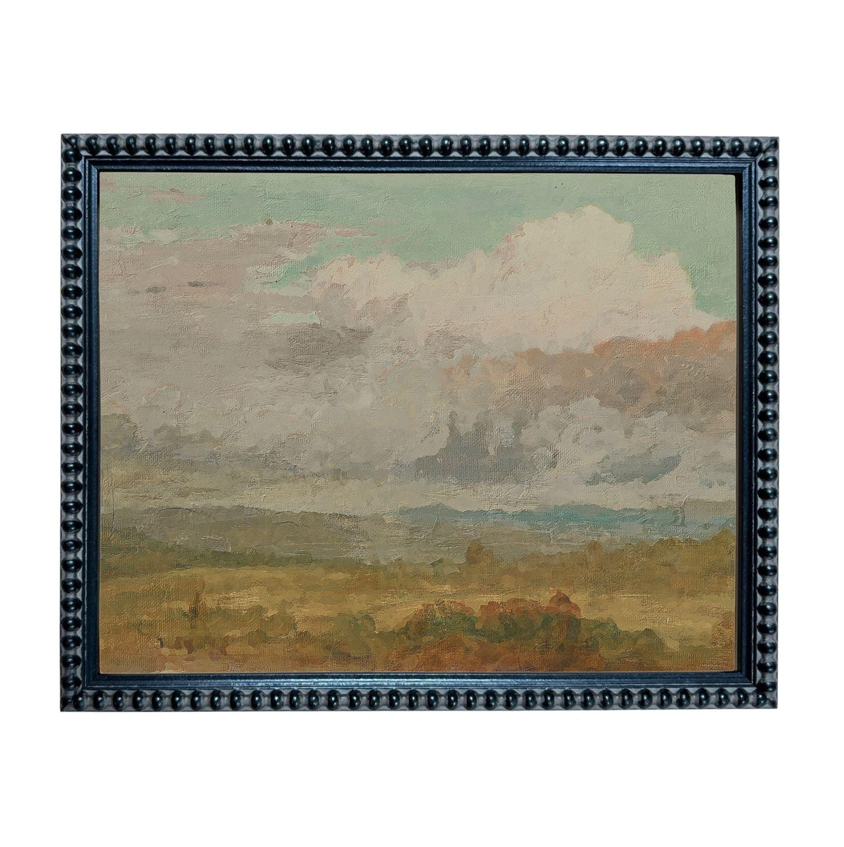 The image is a framed painting depicting a landscape with a cloudy sky in the background.
