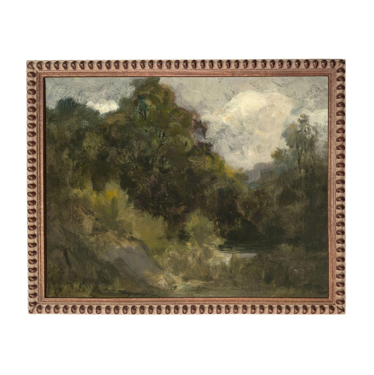 The image is a painting of a forest landscape with a cloudy sky in the background.