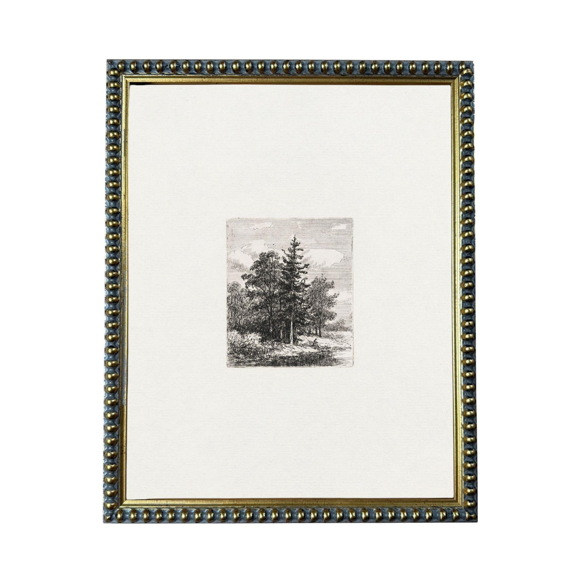 a framed black and white photograph of a tree, with a decorative border around the edges.