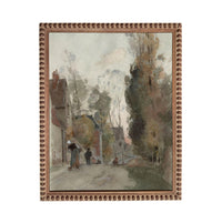 The image is a painting depicting a street scene with people walking along the sidewalk and houses in the background.