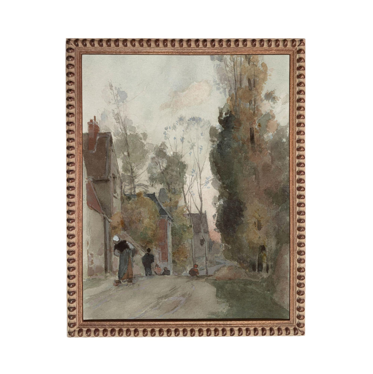 The image is a painting depicting a street scene with people walking along the sidewalk and houses in the background.