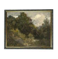 The image is a painting of a forest landscape with a cloudy sky in the background.
