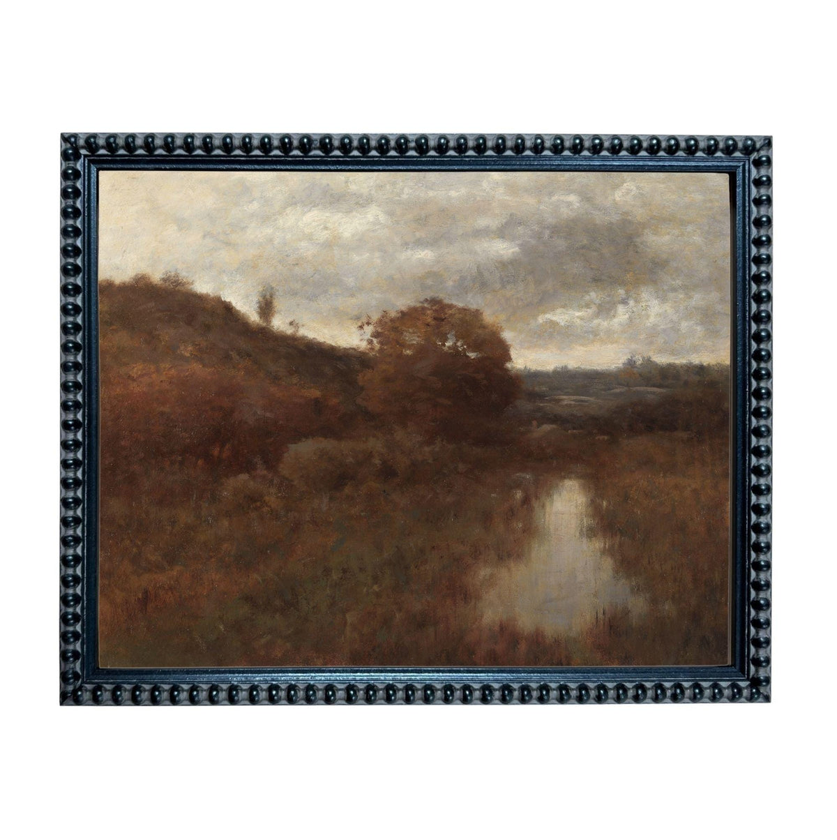 The image is a framed painting depicting a serene landscape with a river or stream running through it, surrounded by trees and hills.