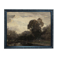 The image is a framed painting depicting a serene landscape with a large tree in the foreground and a body of water in the background.