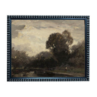 The image is a framed painting depicting a serene landscape with a large tree in the foreground and a body of water in the background.