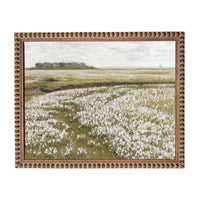 The image is a painting of a field of white flowers, with a distant landscape visible in the background.