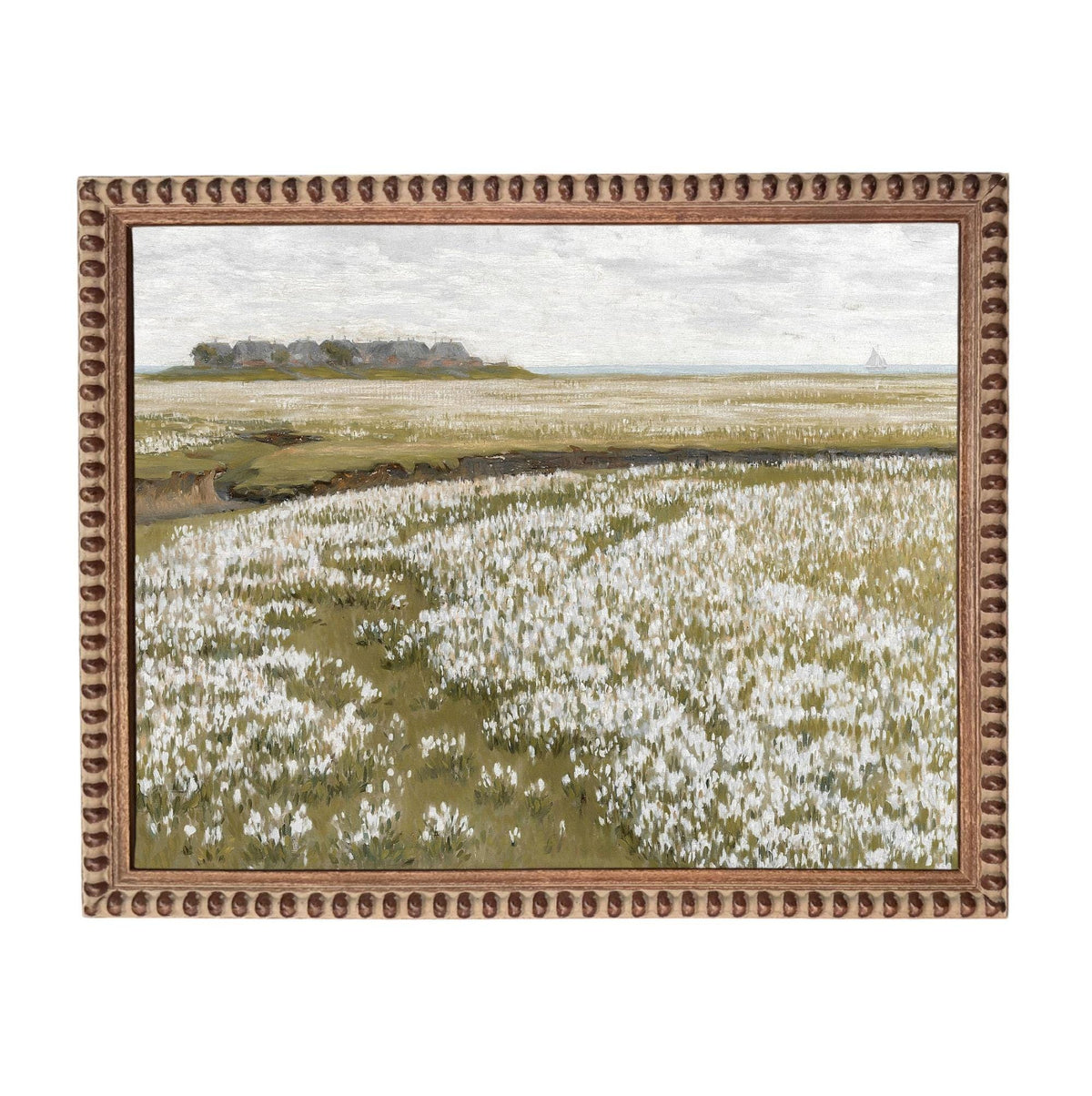The image is a painting of a field of white flowers, with a distant landscape visible in the background.