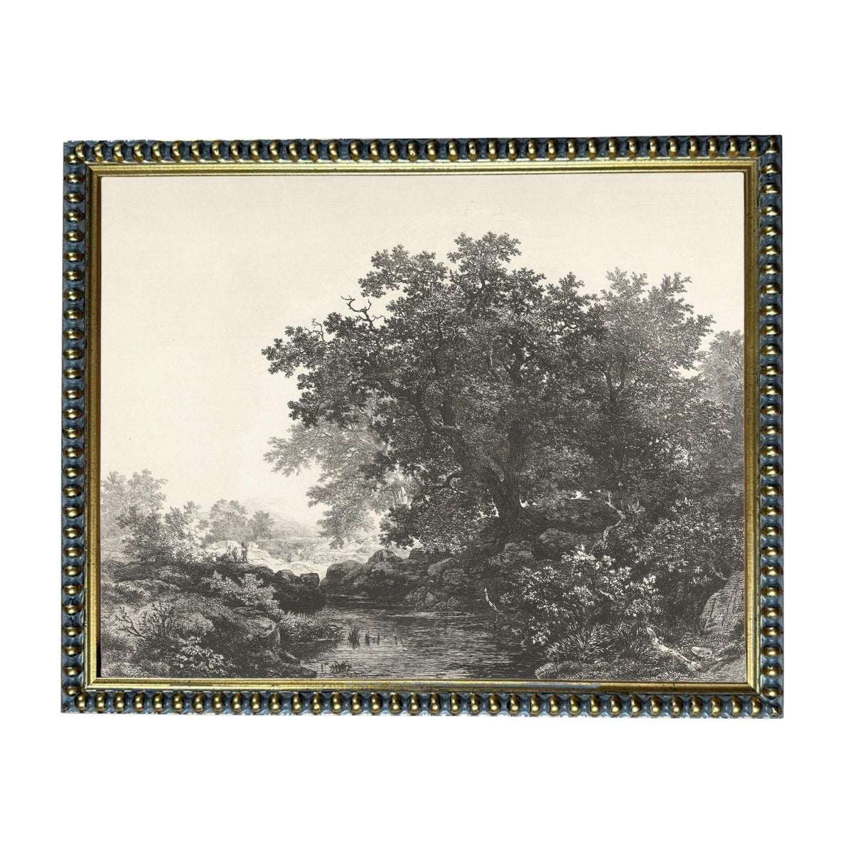 A black and white landscape painting depicting a serene forest scene with a large tree in the foreground and smaller trees and foliage in the background.