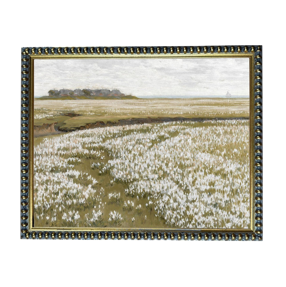 The image is a painting of a field with white flowers, framed in a decorative gold frame.