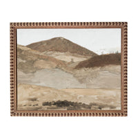 The image is a framed painting depicting a mountainous landscape with a hazy, overcast sky.