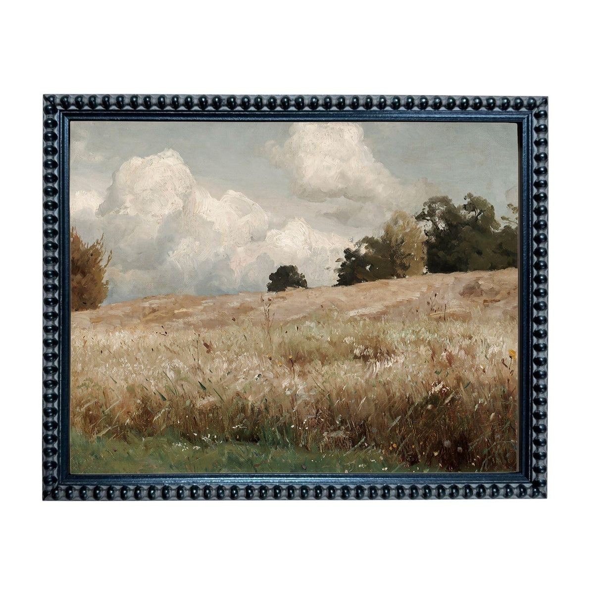 The image is a framed painting depicting a serene landscape with a field of tall grass, trees, and a cloudy sky.