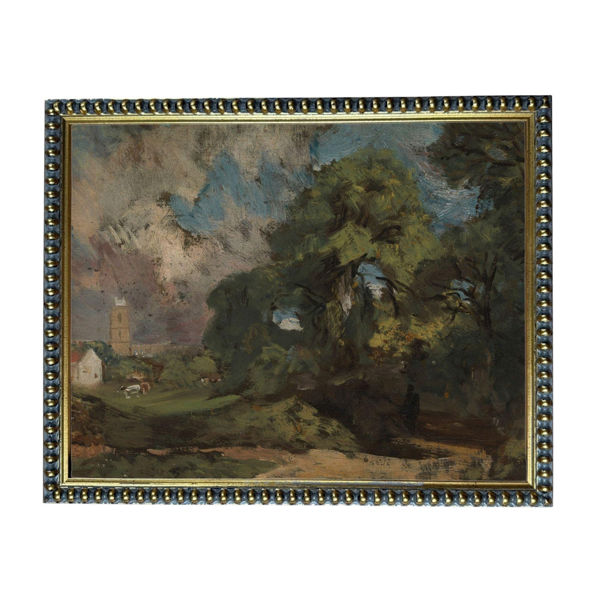 The image is a painting of a rural landscape with a church in the background.