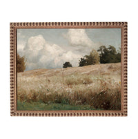 The image is a painting of a field with tall grass and trees in the background, depicting a serene and natural landscape.