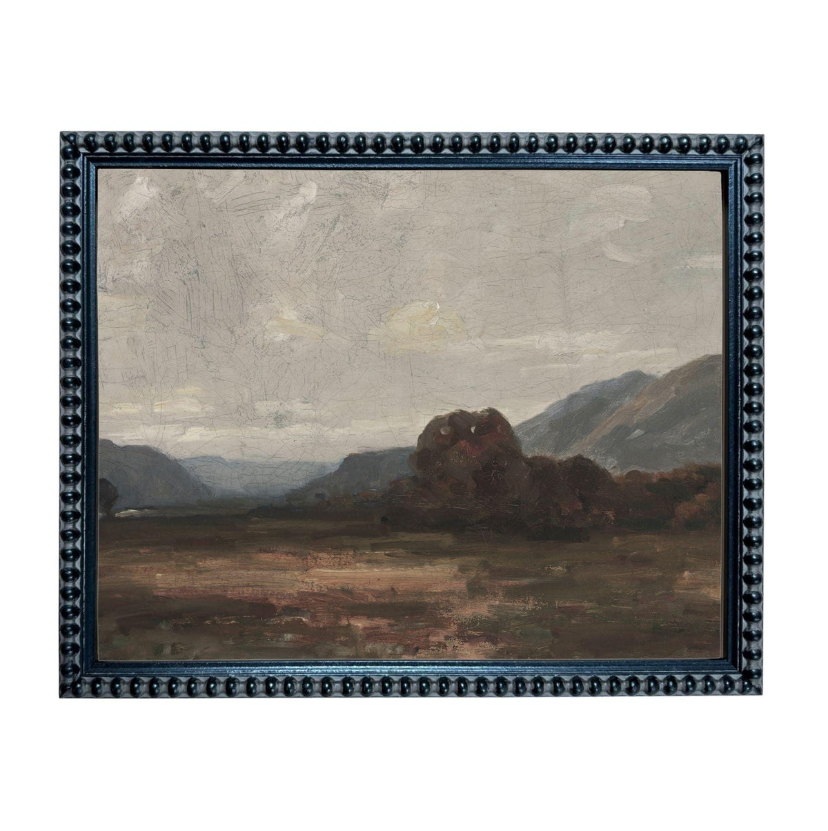 The image is a framed painting depicting a serene landscape with mountains, trees, and a cloudy sky.