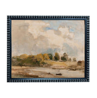 The image is an oil painting depicting a serene landscape with a river, trees, and a cloudy sky.