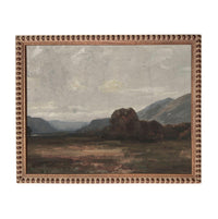 The image is a landscape painting depicting a serene countryside scene with rolling hills, trees, and a cloudy sky.