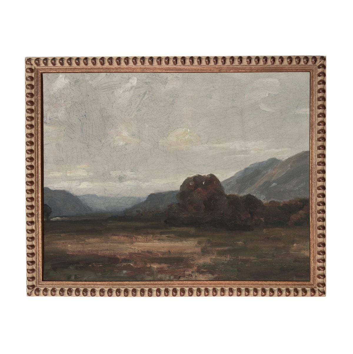 The image is a landscape painting depicting a serene countryside scene with rolling hills, trees, and a cloudy sky.
