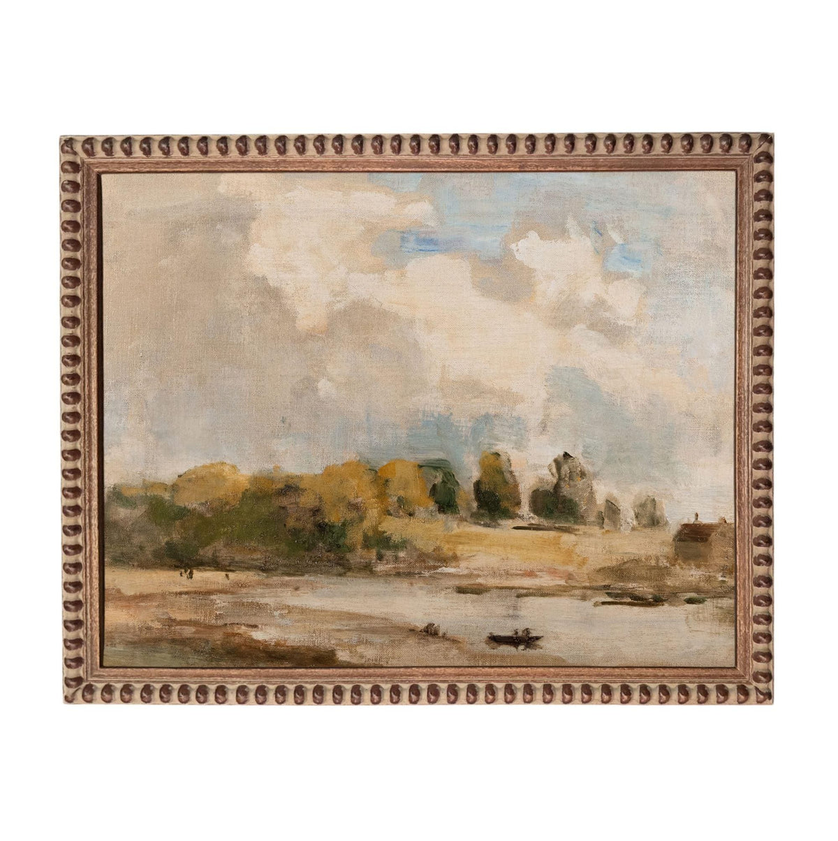 The image is an oil painting depicting a serene landscape with a river, trees, and a cloudy sky.