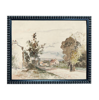 The image is a watercolor painting depicting a rural village scene with a winding road, trees, and people walking along the path.