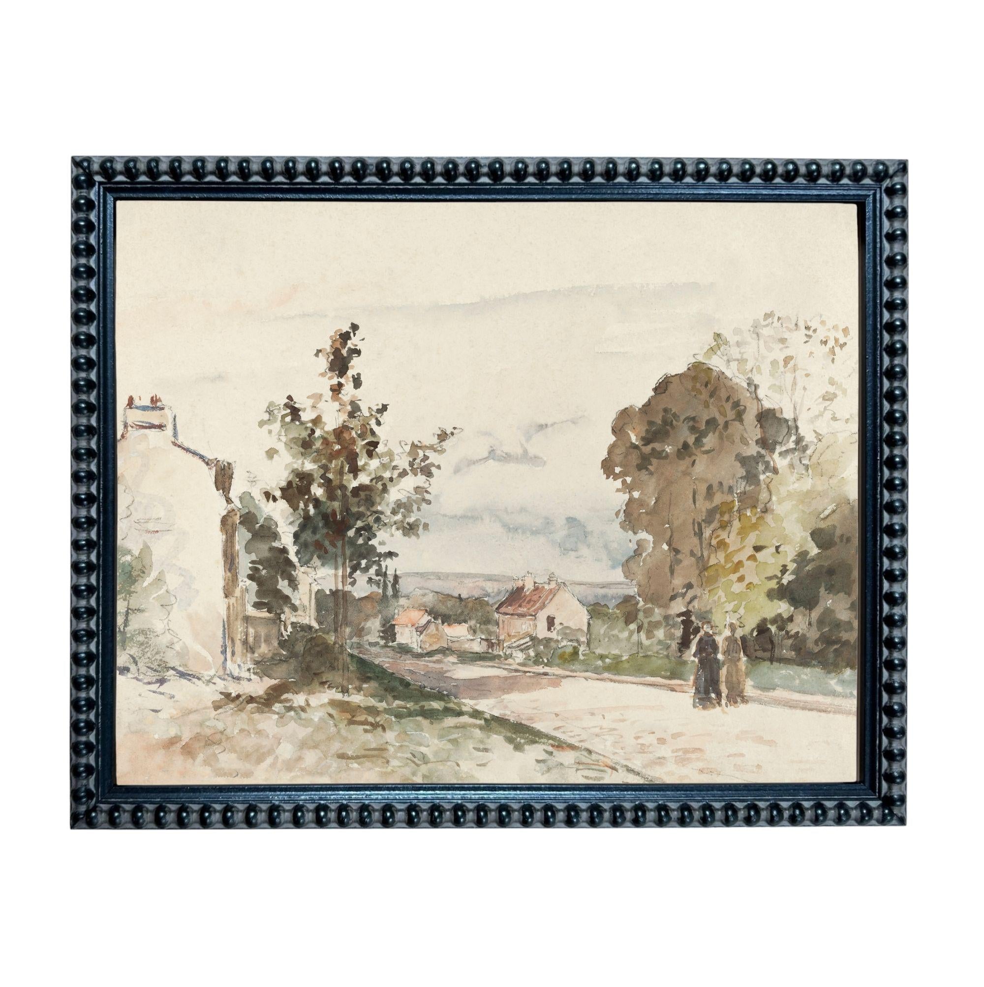 The image is a watercolor painting depicting a rural village scene with a winding road, trees, and people walking along the path.