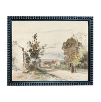 The image is a watercolor painting depicting a rural village scene with a winding road, trees, and people walking along the path.