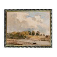 The image is a painting of a landscape with a river, trees, and a cloudy sky.