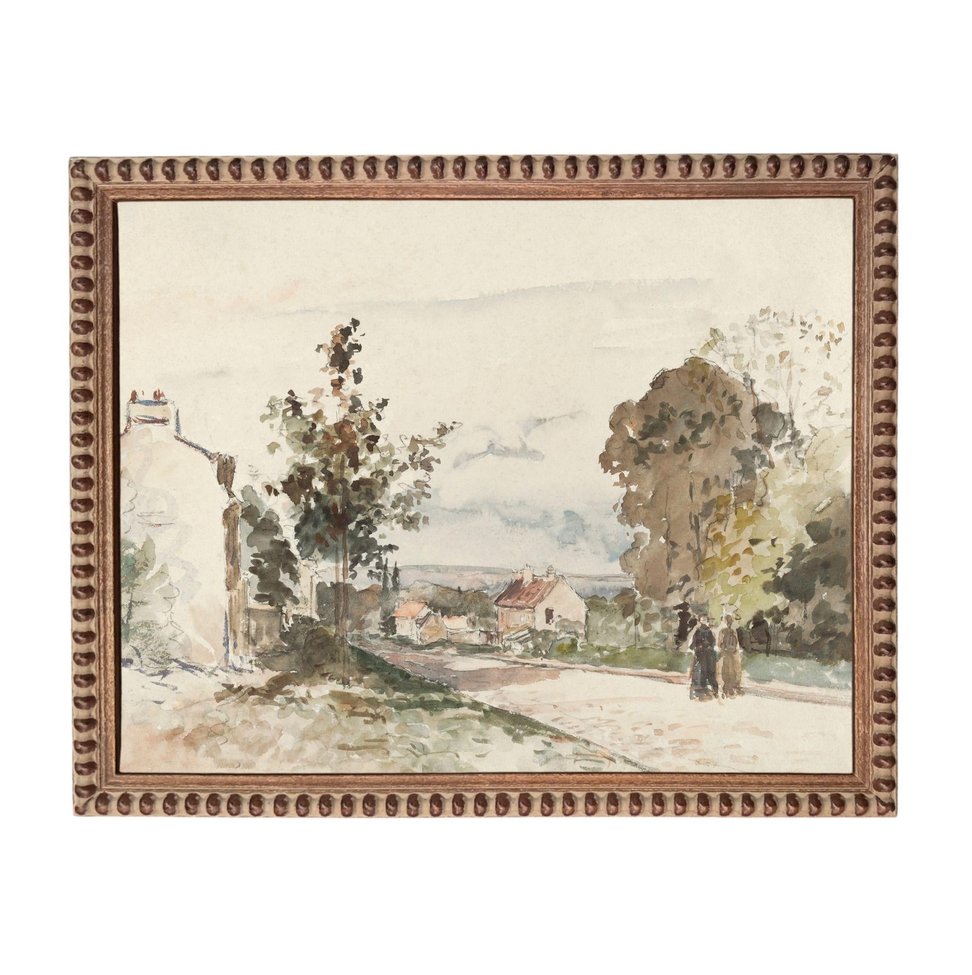 The image is a watercolor painting depicting a rural landscape with a road, trees, and buildings.