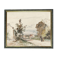 The image is a watercolor painting depicting a rural landscape with a road, trees, and buildings.