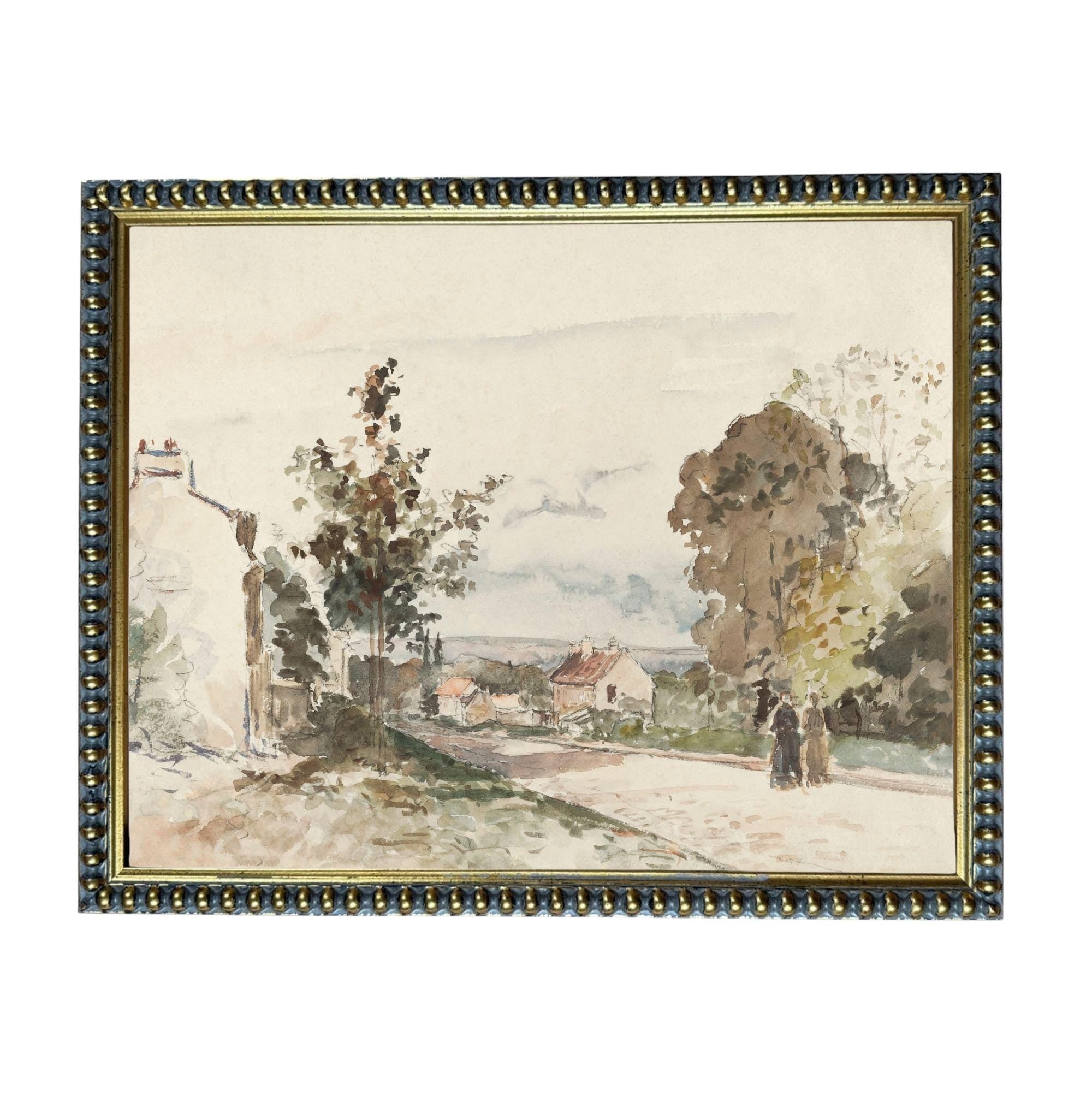 The image is a watercolor painting depicting a rural landscape with a road, trees, and buildings.