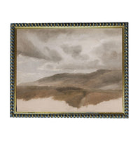 The image is a painting of a landscape with mountains in the background and a cloudy sky above.