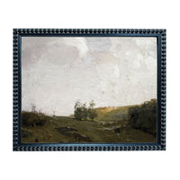 The image is a framed landscape painting depicting a serene countryside scene with rolling hills, trees, and a cloudy sky.