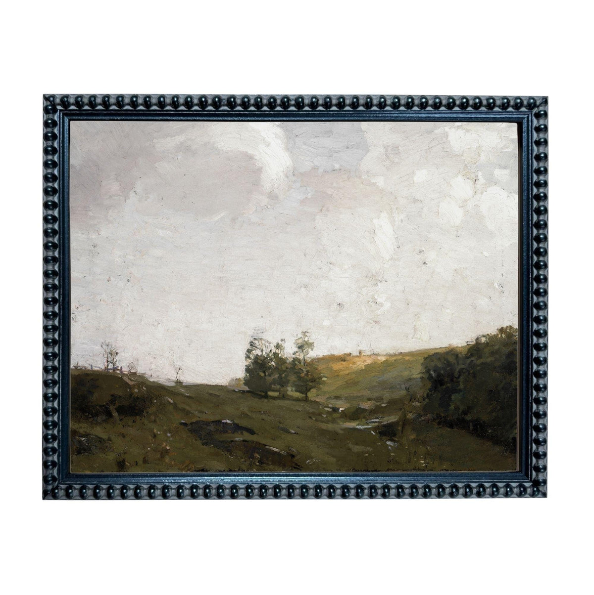 The image is a framed landscape painting depicting a serene countryside scene with rolling hills, trees, and a cloudy sky.
